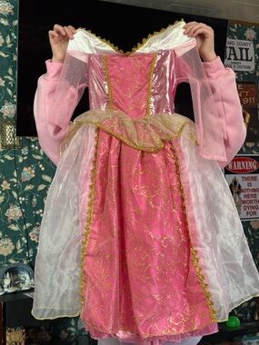 Girls Pink Glitter Princess Halloween Costume Dress with Gold Trim